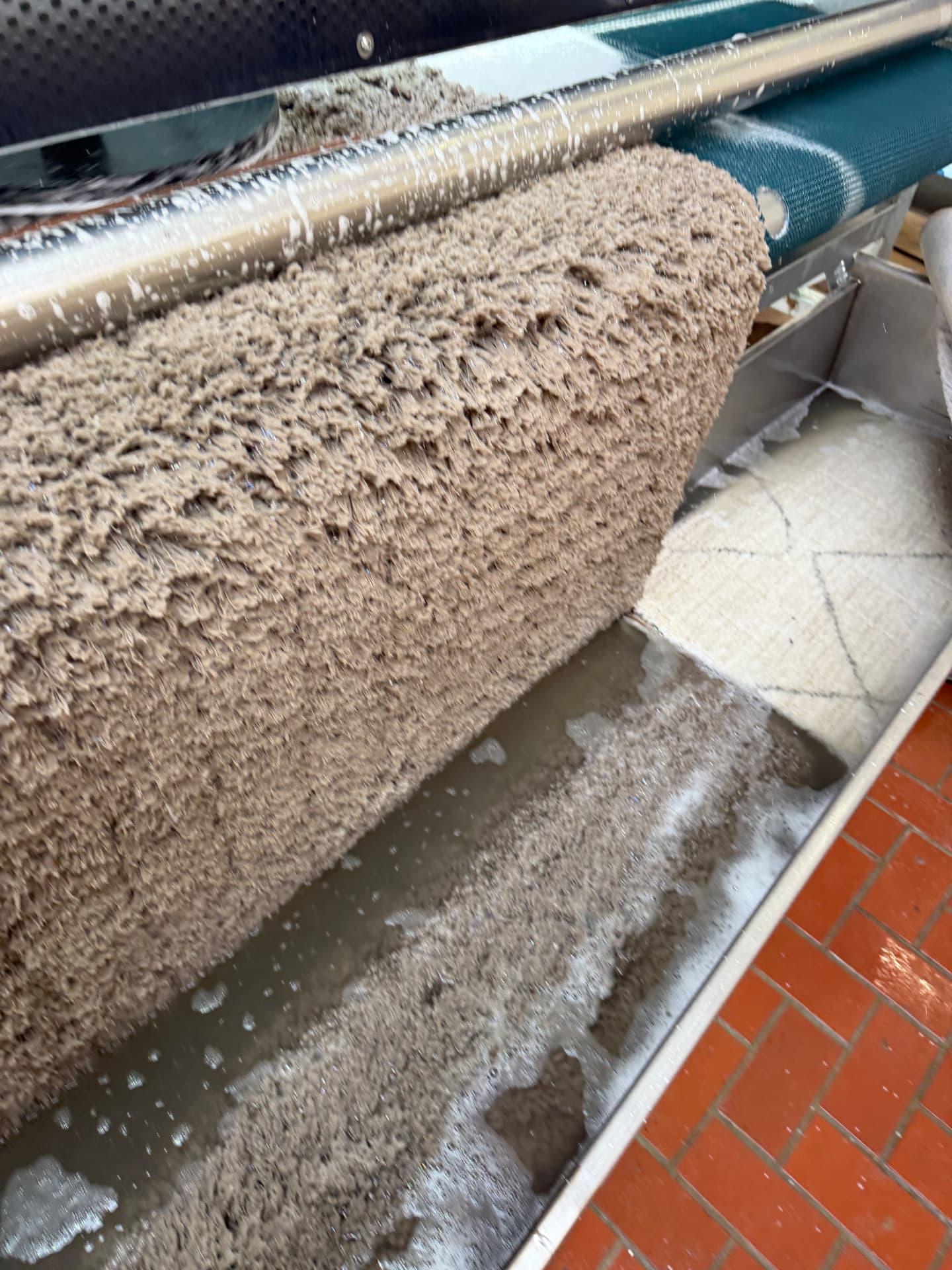 Schmutzwasser läuft aus einem Hochflor-Teppich