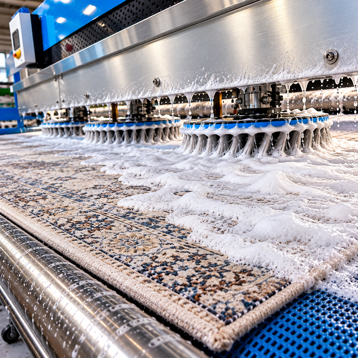 Teppich wird in der Waschmaschine mit Schaum und Bürsten gereinigt